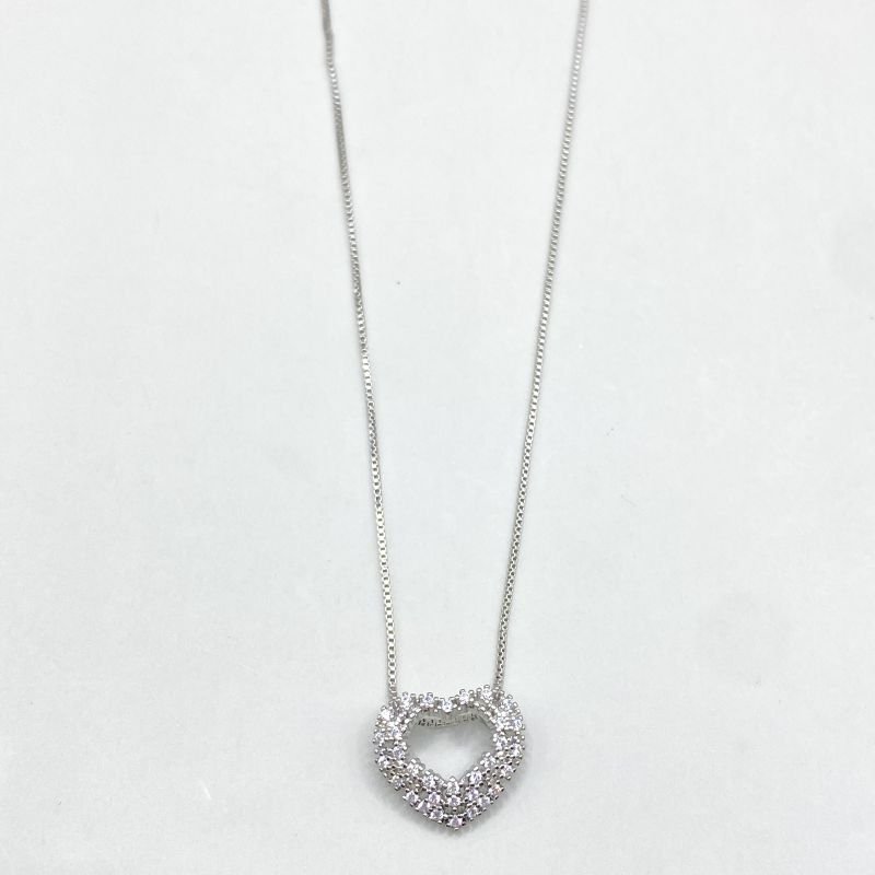 Colar Banho Ouro Branco Coração Vazado Cravejado Zircônia