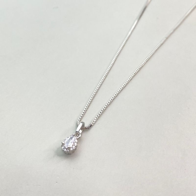 Colar Banho Ouro Branco Zircônia Gota Pequena Borda Cravejada