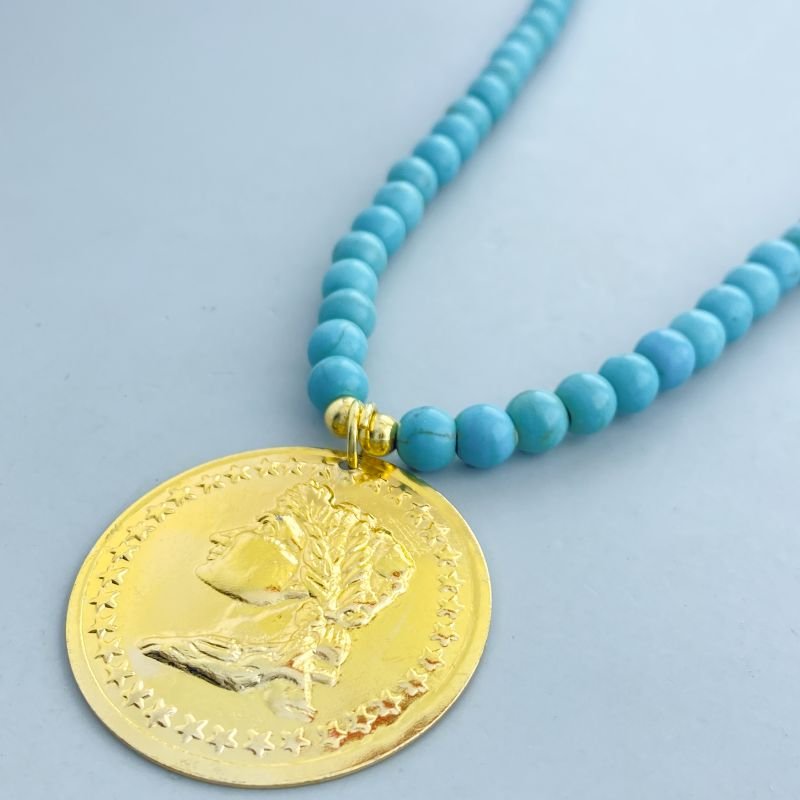 Colar Bijuteria Bolas Acrilicas Medalha Moeda Boho Chic