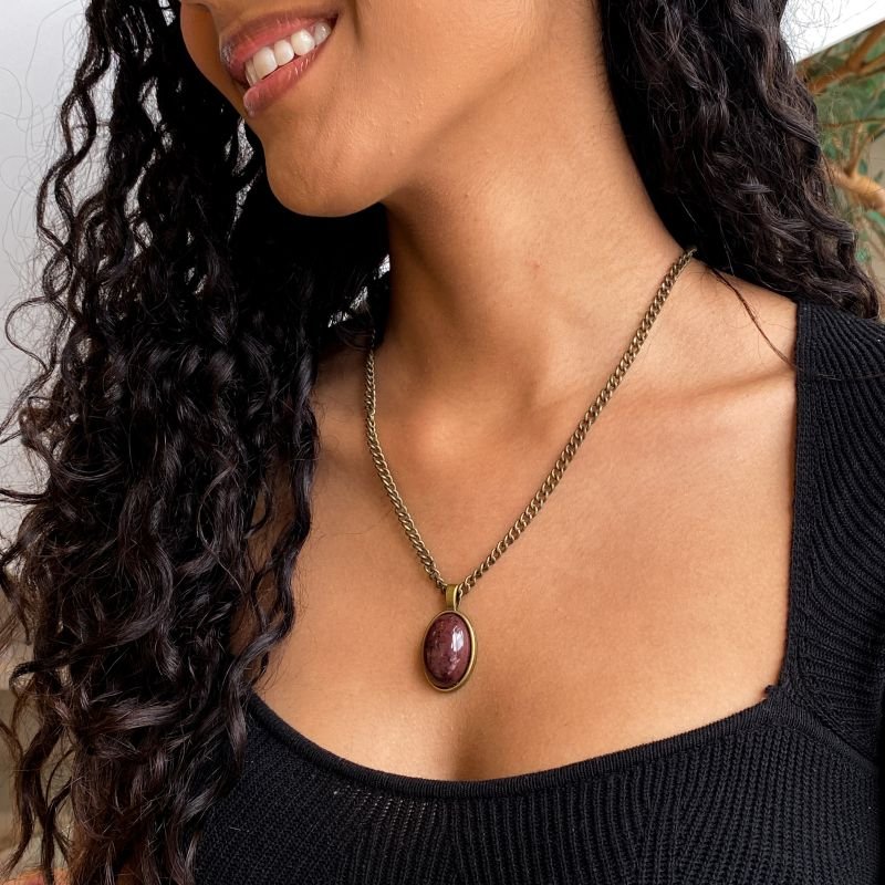 Colar Bijuteria Corrente Pedra Oval Marmorizada Borda Lisa