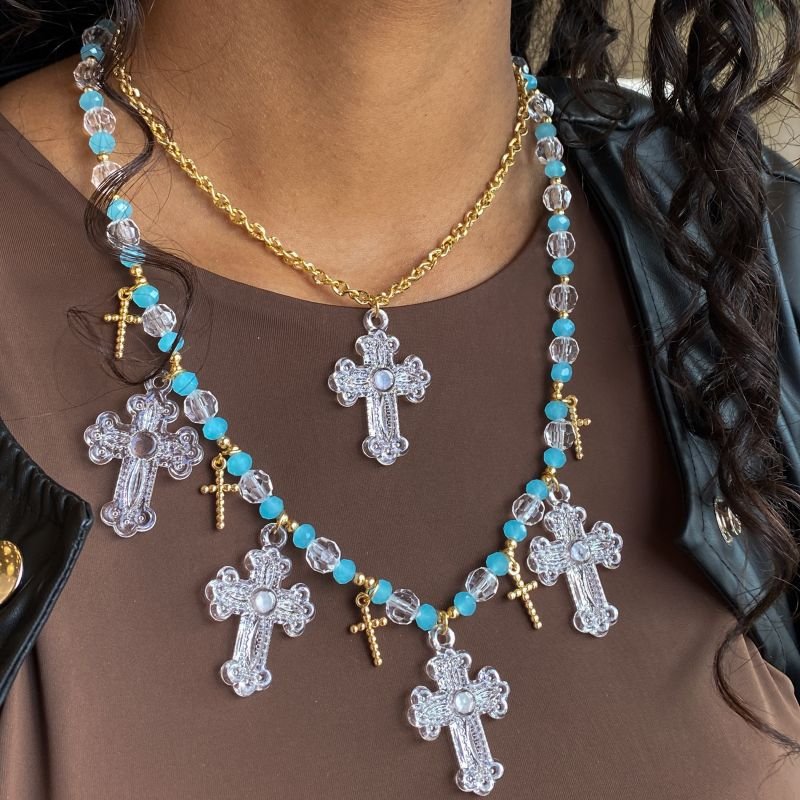 Colar Bijuteria Duplo Micangas Cruz Acrílico Boho Chic