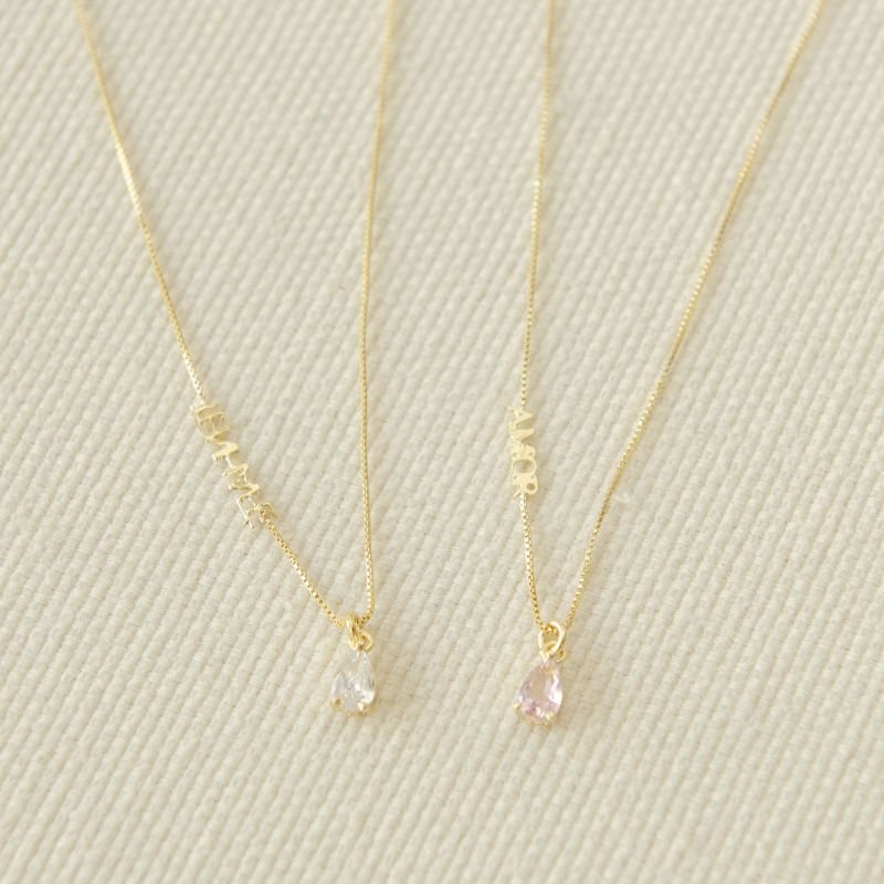 Colar bijuteria fina zirconia gota nome amor dourado