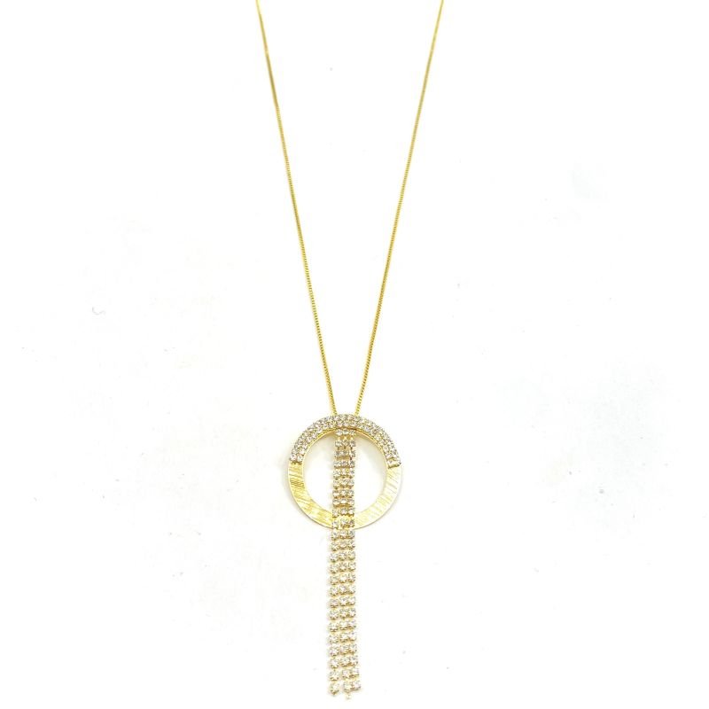 Colar Folheado Redondo Vazado Riscadinho Franja Strass