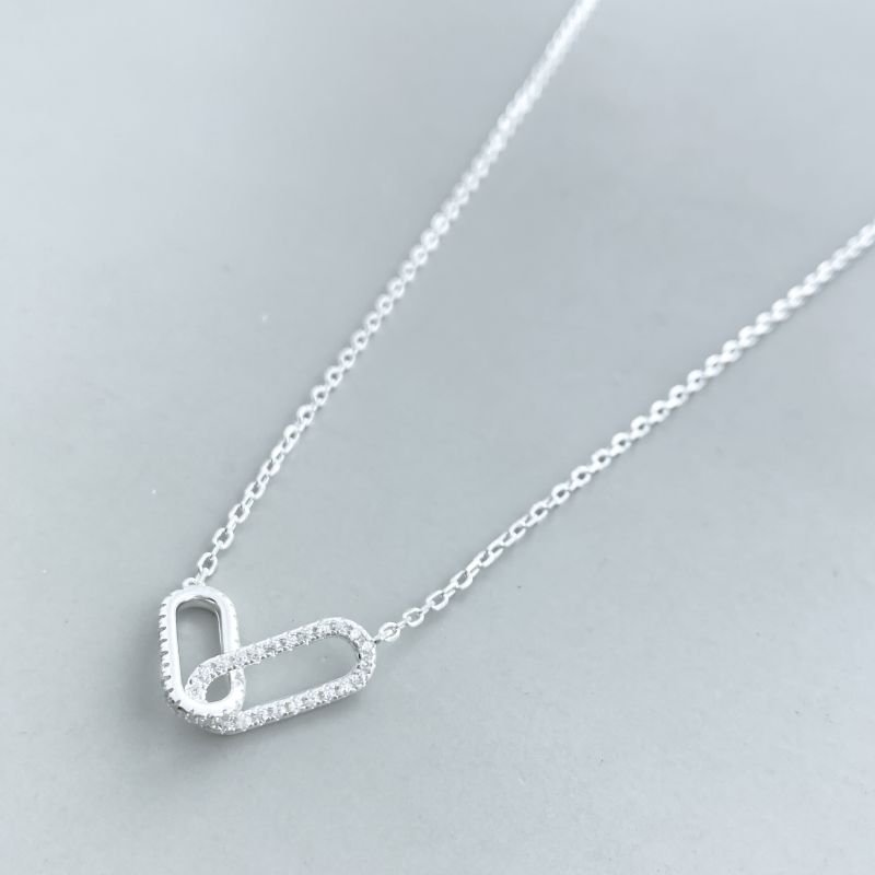 Colar Prata925 com 2 Elos Ovais Cravejados Entrelacados Delicado