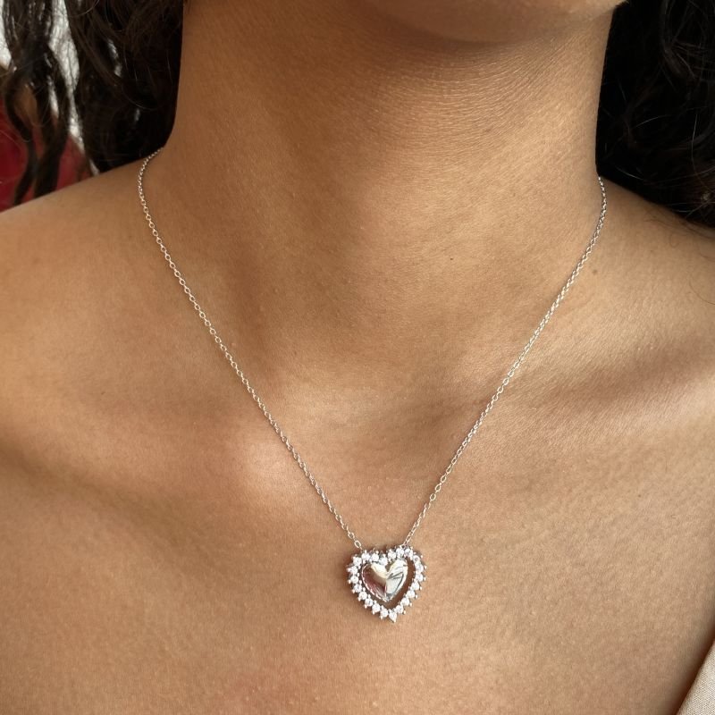 Colar Prata925 Coração Duplo Liso Borda Pedrinhas Delicado