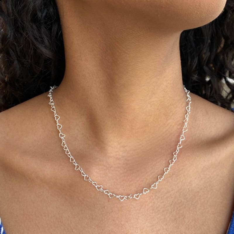 Colar Prata925 Elos Corações Maiores Vazados Delicado