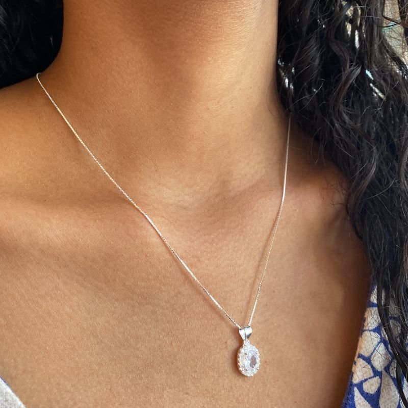 Colar Prata925 Oval Pedra Borda Cravejada