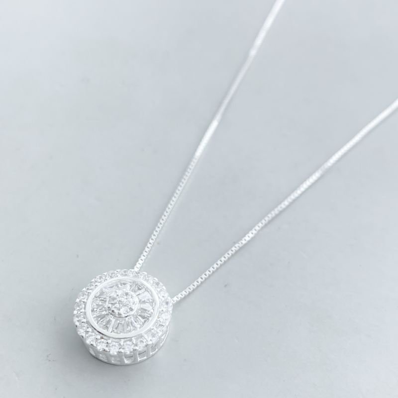 Colar Prata925 Redondo Pedra Baguetes Zirconias Delicado