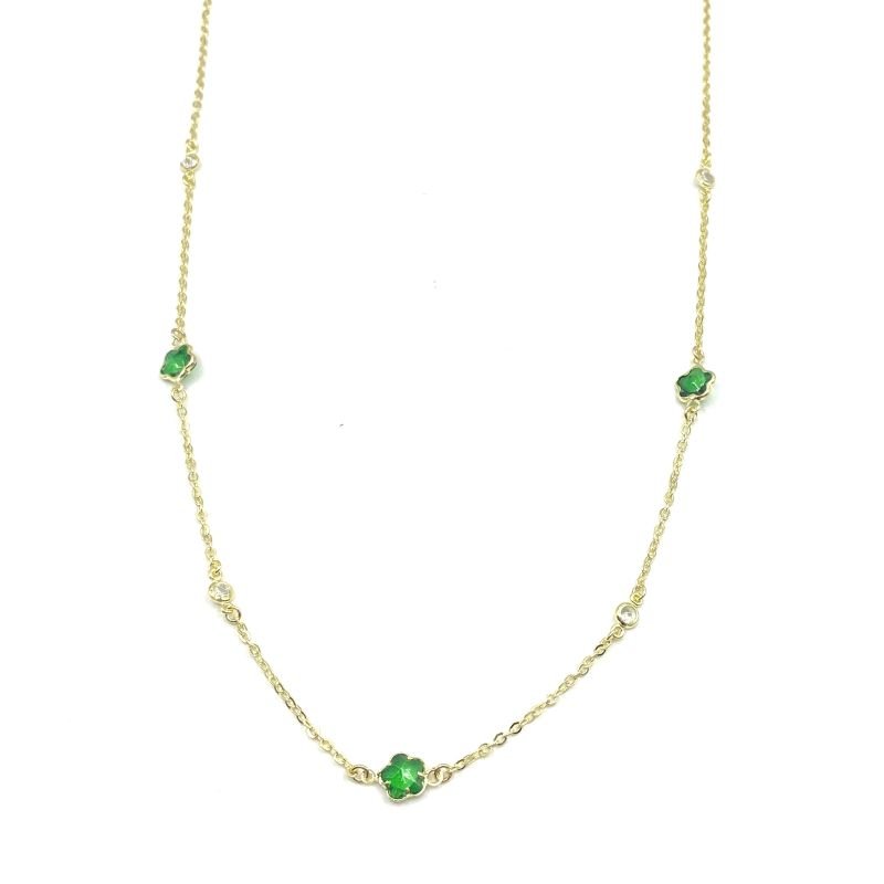 Colar Semijoia 3 Flores Zircônias Com Borda com 4 Pedrinhas