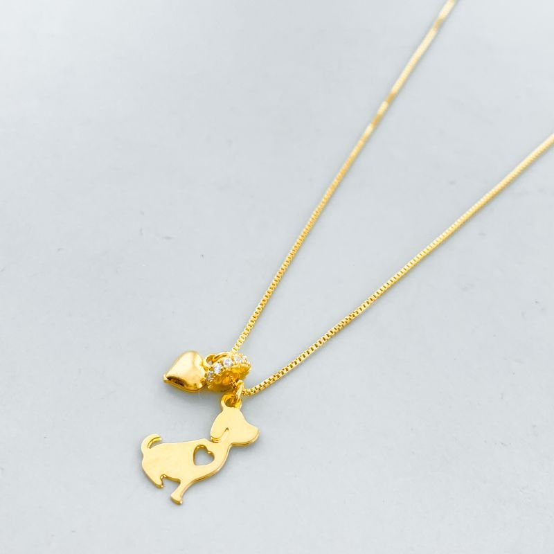 Colar Semijoia Cachorro Coração Liso e Cilindro Cravejado