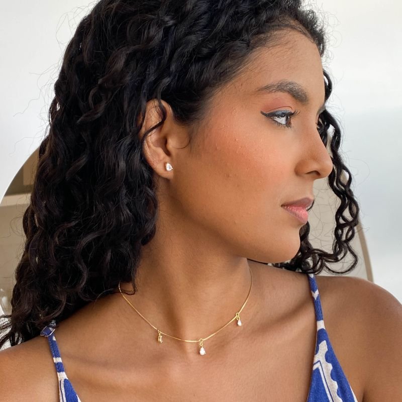 Colar Semijoia Choker com 3 Pedras Gotas com Extensor