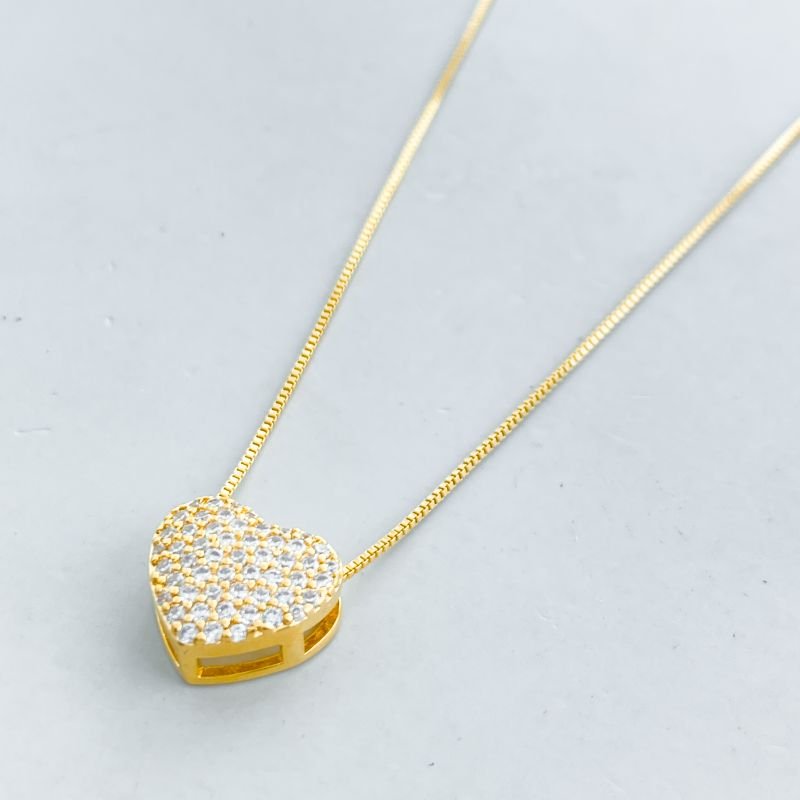 Colar Semijoia Coração 3D Cravejado