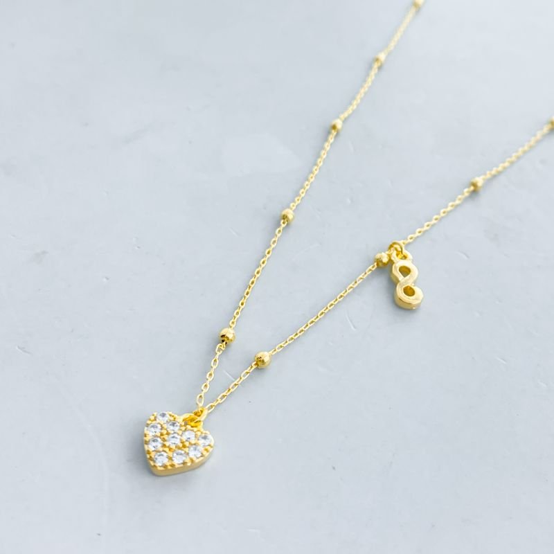 Colar Semijoia Coração Cravejado e Infinito Corrente Bolinhas