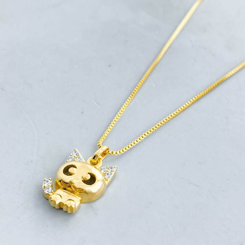 Colar Semijoia Gato Liso Orelhas e Rabo Cravejados