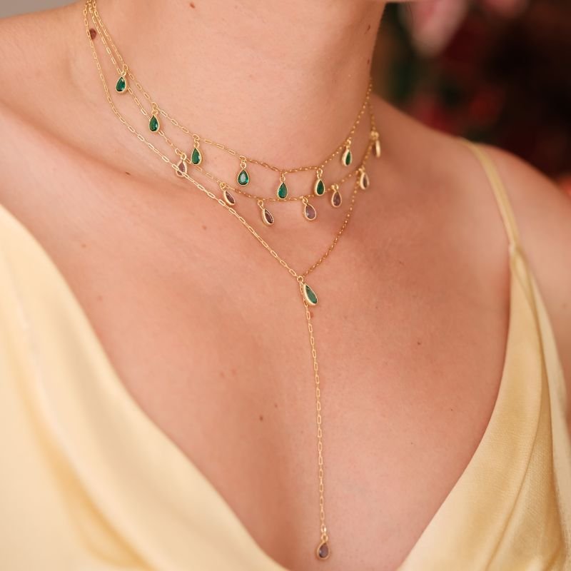 Colar Semijoia Gravatinha Pedra com 2 Gotas