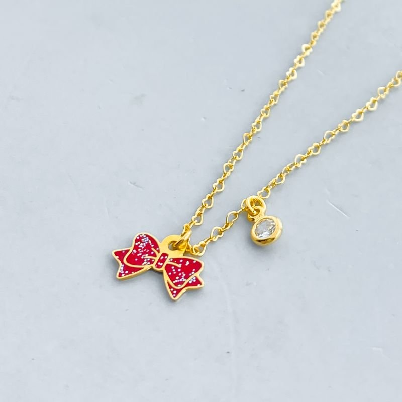 Colar Semijoia Laço Resinado com Glitter e com 1 Pedra Elos Mini Corações