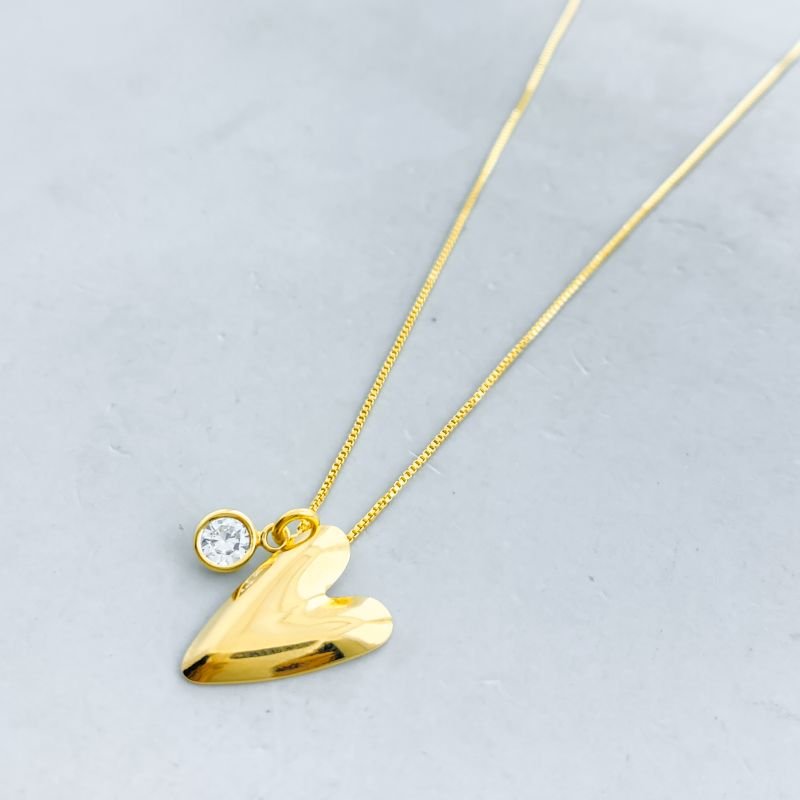 Colar Semijoia Liso Coração Pontundo com 1 Pedrinhas Zircônia