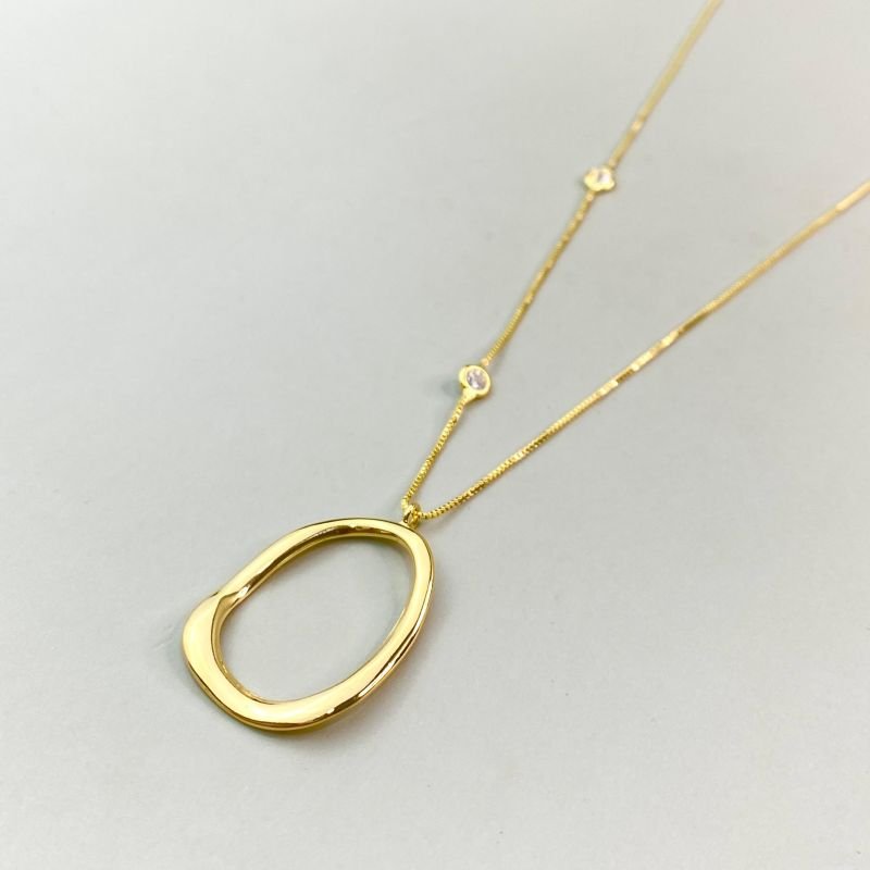 Colar Semijoia Oval Orgânico com 2 Pedrinhas de Zircônia