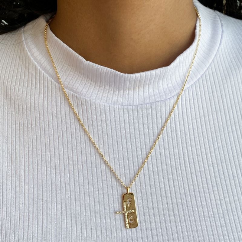 Colar Semijoia Religioso Placa Fé Cruz Cravejada Mini Elos Português