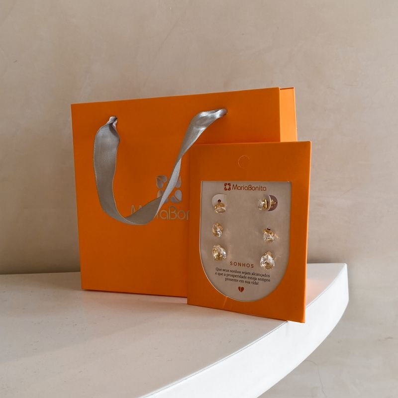 Combo Cartela Brinco Banho Diamante kit 3 Pedra Coração 3d