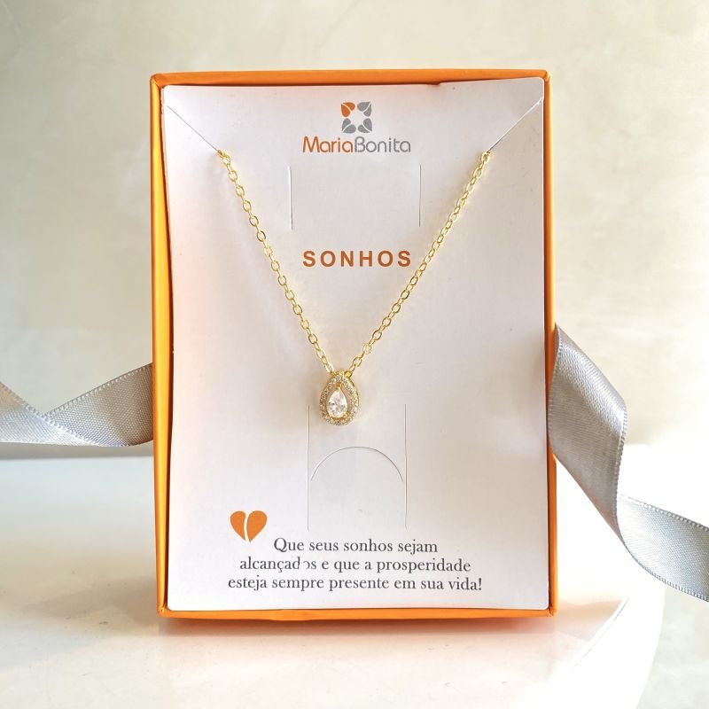 Combo Colar Bijuteria Pedra Gota Borda Cravejada Delicado