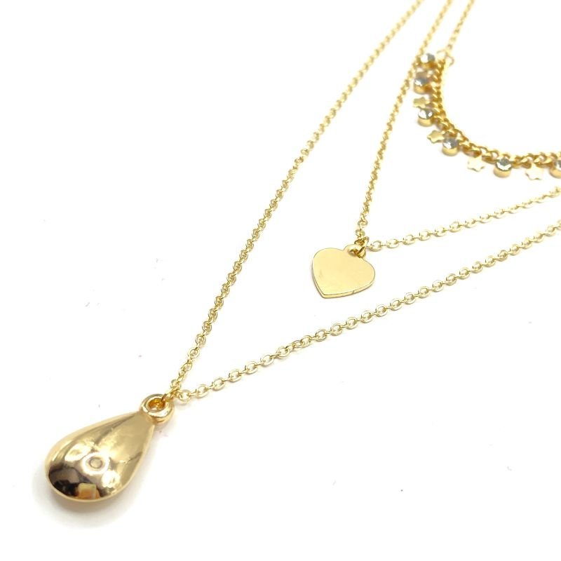 Combo Colar Bijuteria Triplo com Gota Coração e Pedrinhas