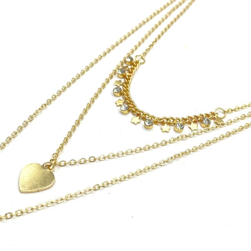Combo Colar Bijuteria Triplo com Gota Coração e Pedrinhas