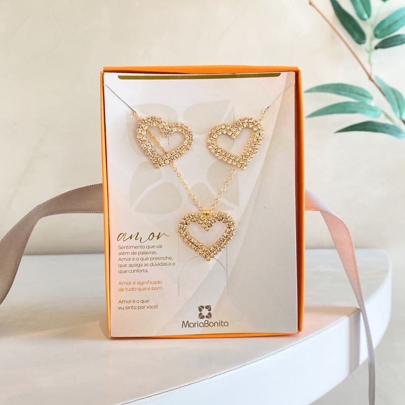 Combo Conjunto Banho Diamante Coração Vazado com 2 Fileiras Strass P