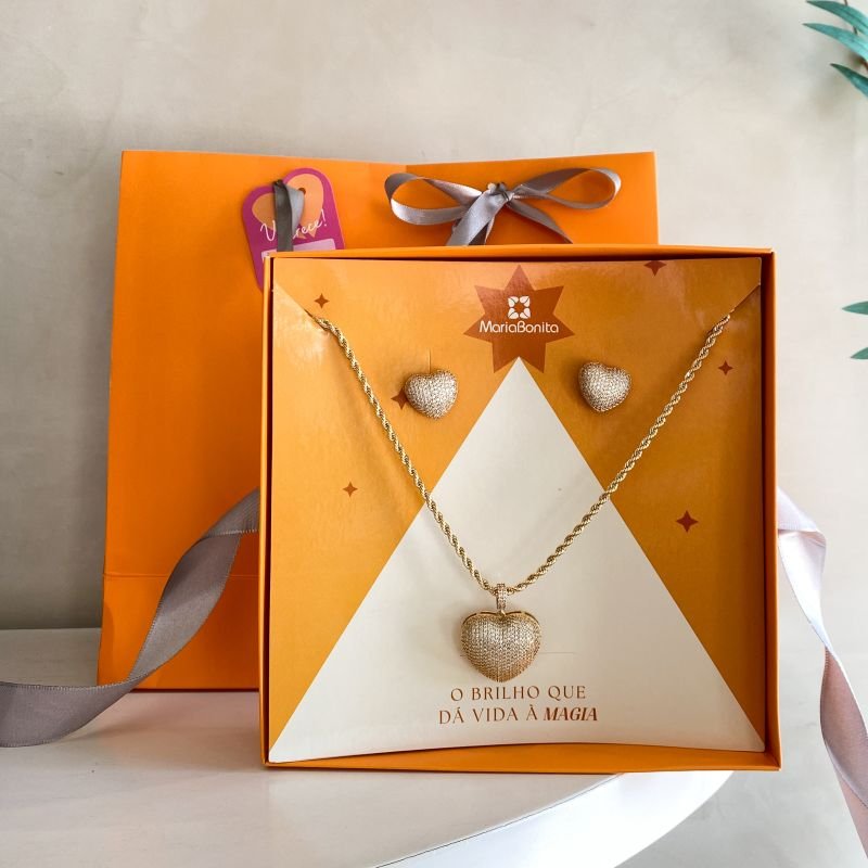 Combo Conjunto Banho Diamante Cordão Baiano Cravejado Coração Grande 3D