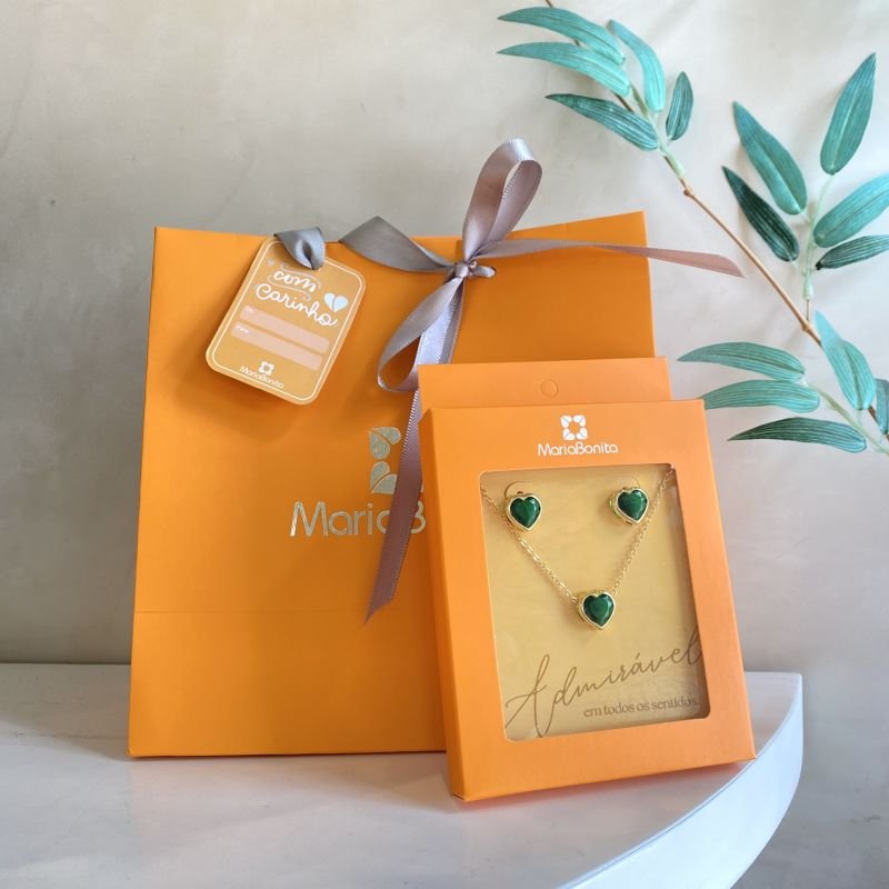 Combo Conjunto Banho Diamante Delicado Pedra Coração Caixa