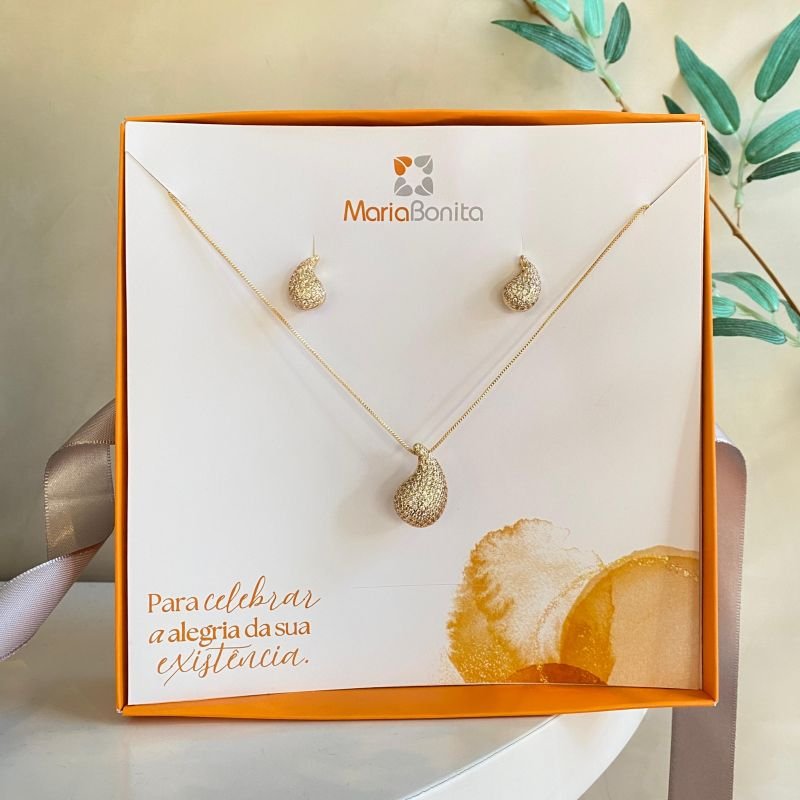 Combo Conjunto Banho Diamante Gota Cravejada Semelhante Virgula