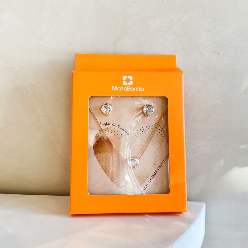 Combo Conjunto Banho Diamante Zircônia Coração Borda Lisa Caixa