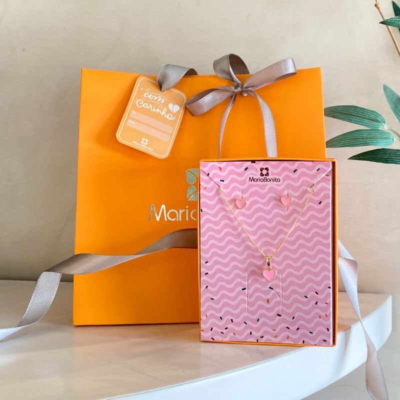 Combo Conjunto Folheado Coração Resinado Borda Bolinhas Caixa Retangular