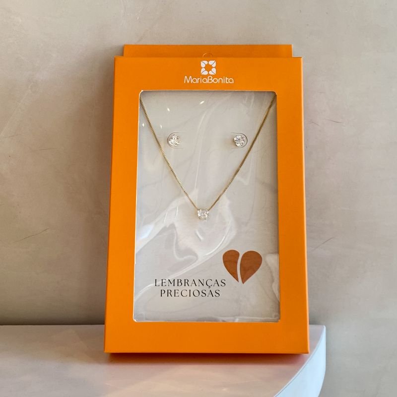 Combo Conjunto Folheado Coração Zircônia com 6 Garras Minimalista