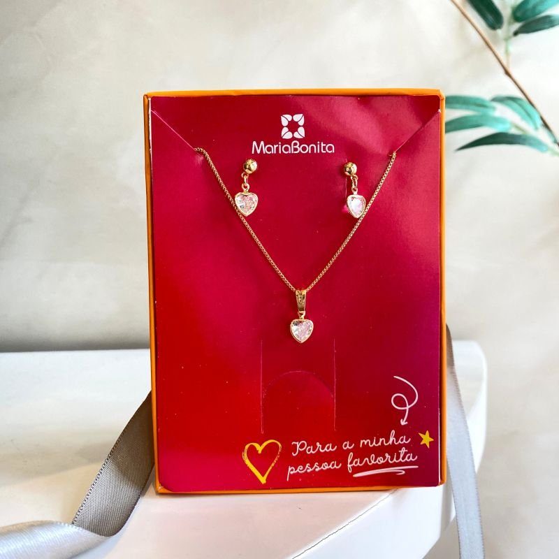 Combo Conjunto Folheado Pêndulo Coração Zircônia Base Bolinha