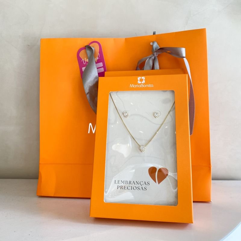 Combo Conjunto Semijoia Cravejado Pedra Coração com Borda