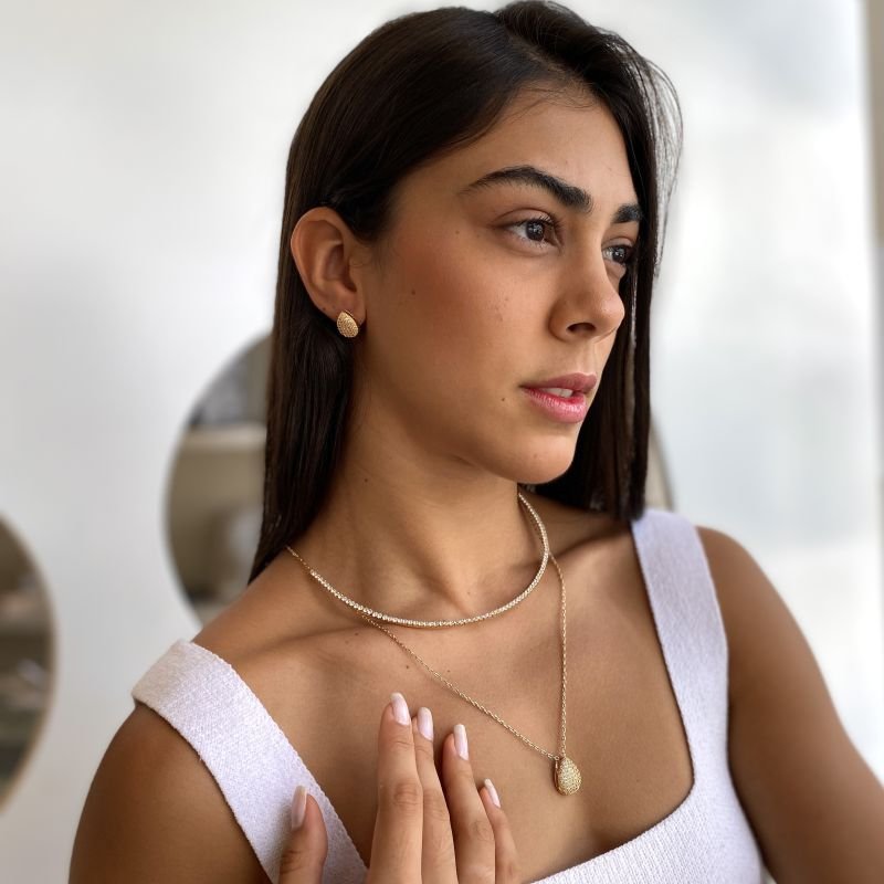 Conjunto Banho Diamante Duplo Aro Cravejado e Gota