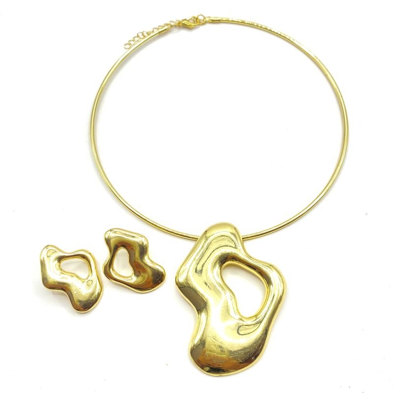 Conjunto Bijuteria Choker Aro Oval Amassado Vazado