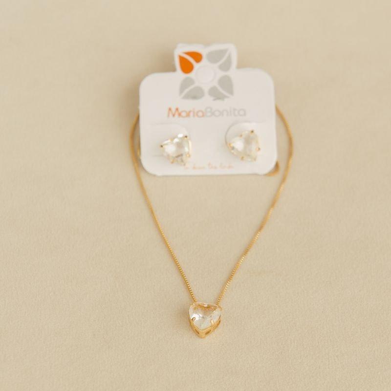 Conjunto folheado pedra coração 4 garras