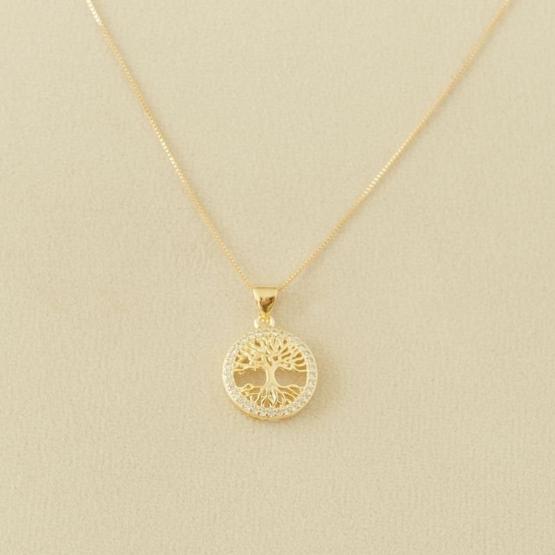 Conjunto semijoia árvore da vida borda cravejada