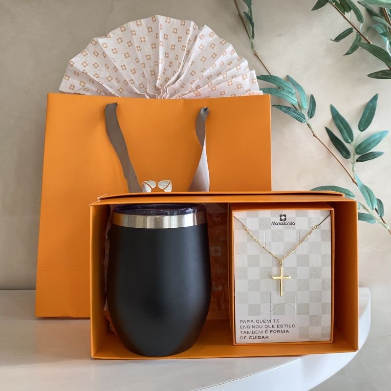 Kit Presente Colar Semijoia Elos Cartier Caixote Cruz Lisa Copo