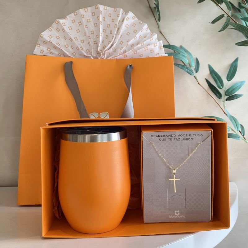 kit Presente Colar Semijoia Elos Cartier Cruz Lisa Copo