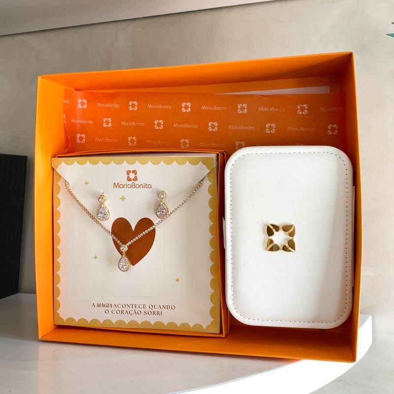 Kit Presente Conjunto Banho Diamante Riviera Pedra Gota Cravejada Porta Joia