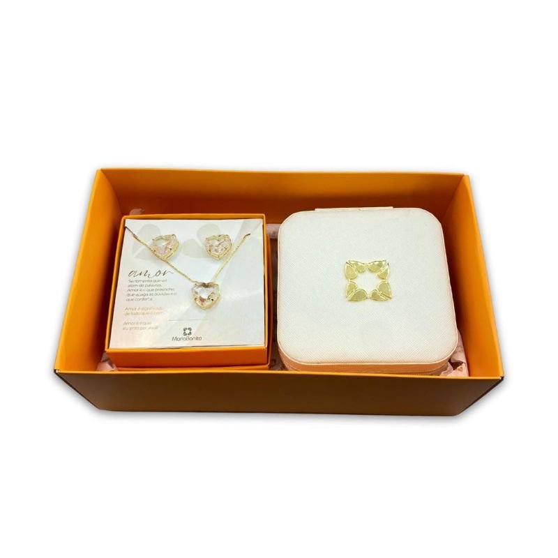 Kit Presente Conjunto Folheado Coração Grande com4 Garras Porta Jóias
