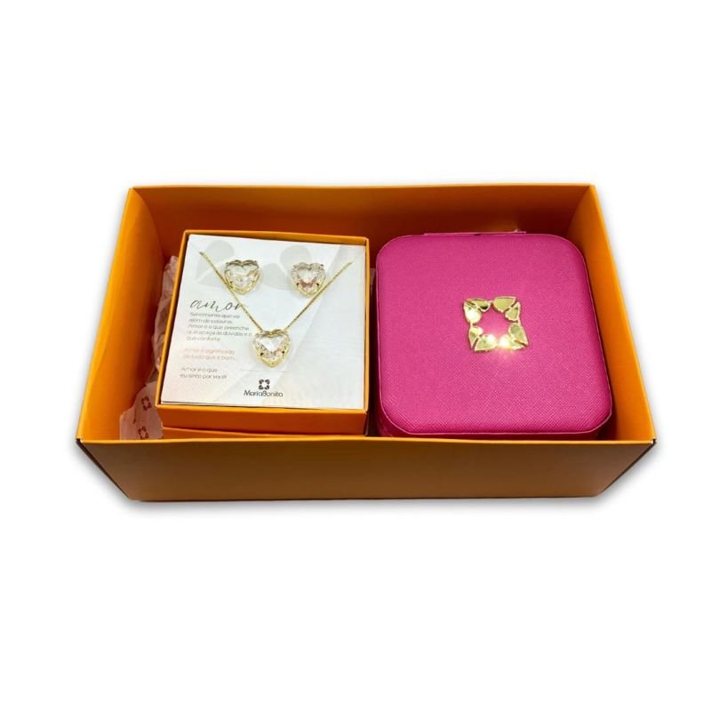 Kit Presente Conjunto Folheado Coração Grande com4 Garras Porta Jóias