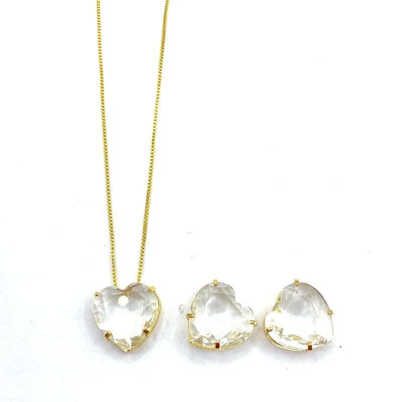 Kit Presente Conjunto Folheado Coração Grande com4 Garras Porta Jóias