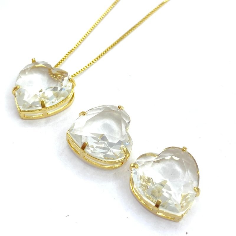 Kit Presente Conjunto Folheado Coração Grande com4 Garras Porta Jóias