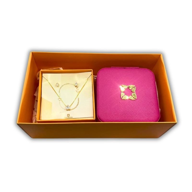 Kit Presente Conjunto Semijoia Zircônia Gota 4 Garras Porta Joia