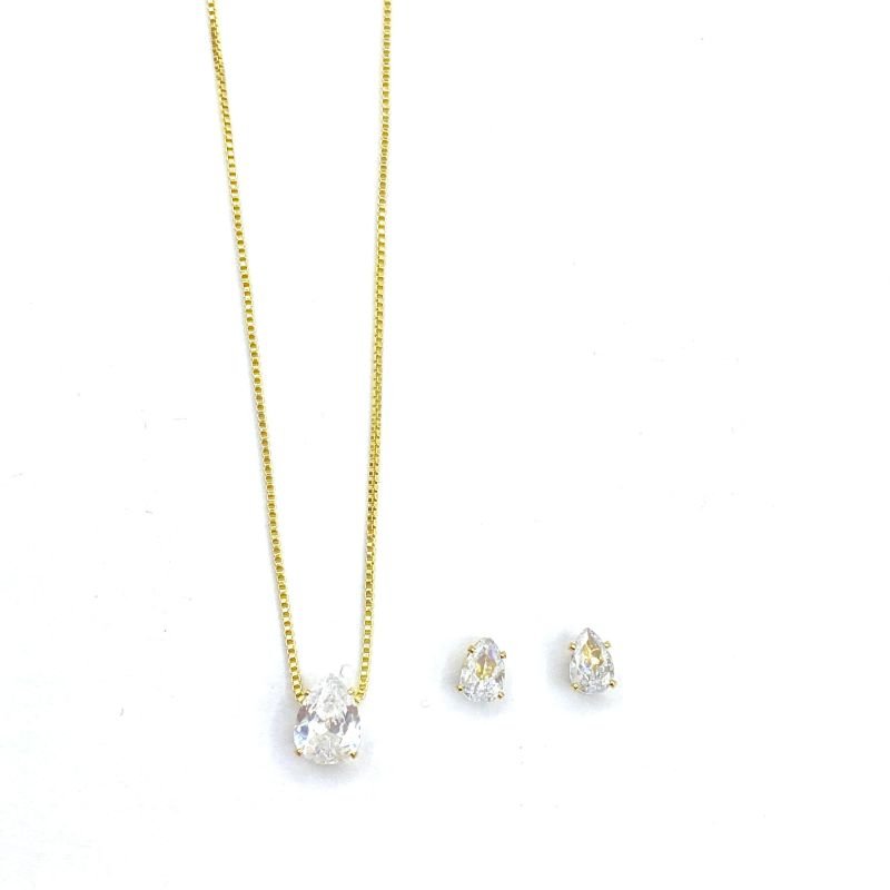 Kit Presente Conjunto Semijoia Zircônia Gota 4 Garras Porta Joia