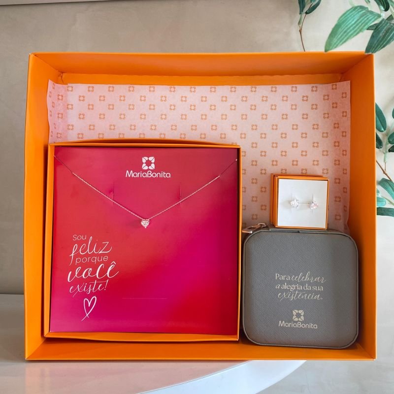 Kit Presente Premium Conjunto Prata925 Zircônia Coração com 4 Garras